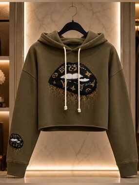 Olive Cropped Hoodie with Metallic Lip Graphic - Women's Sweatshirt